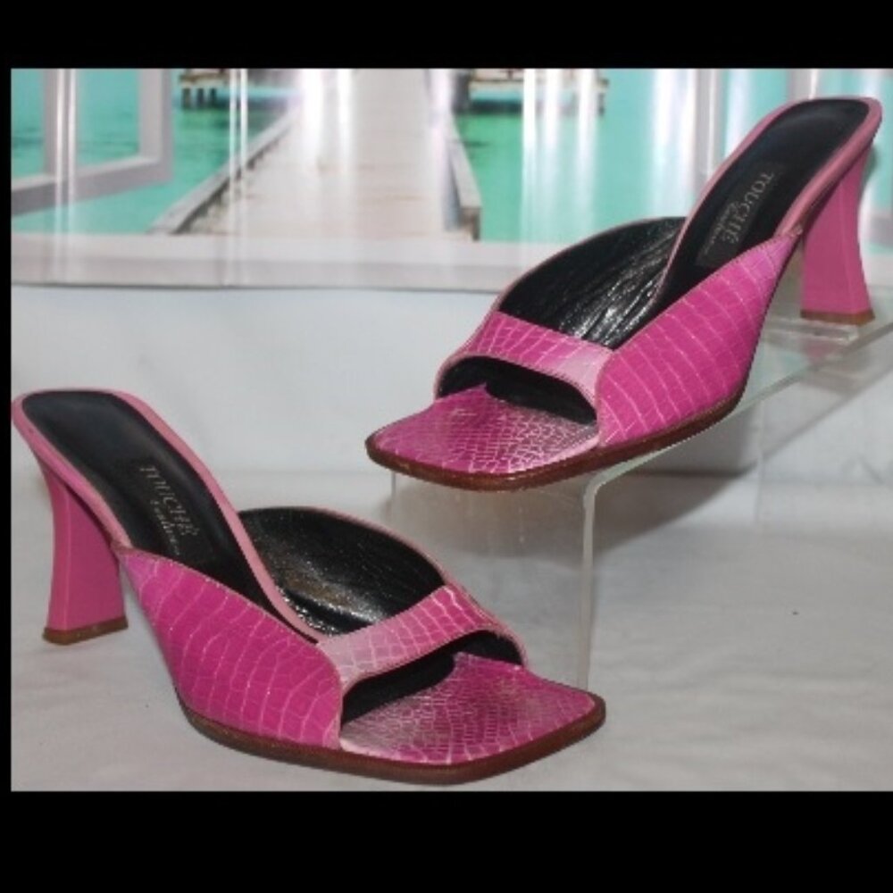 $599 Touche Italy Hot Pink Genuine Alligator Crocodile Sandals Slides He…